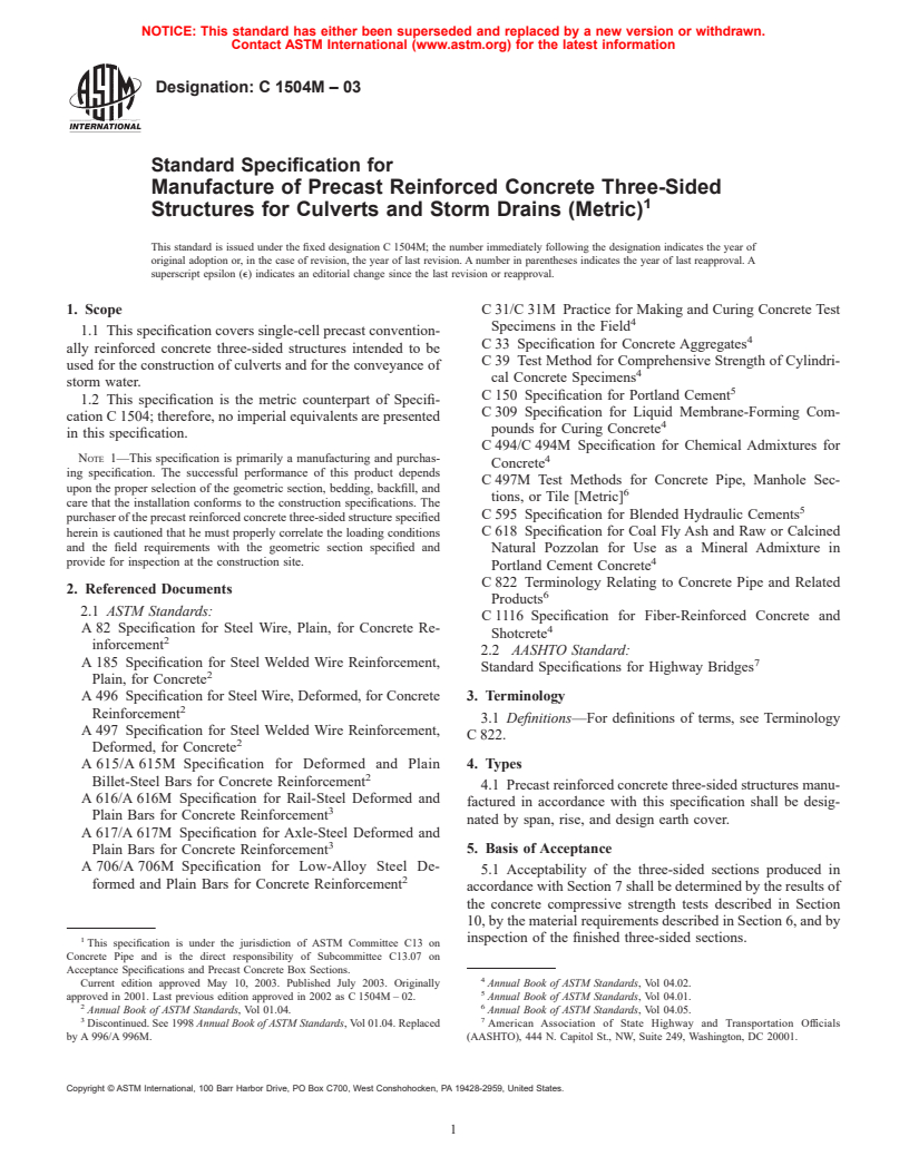 ASTM C1504M-03 - Standard Specification for Manufacture of Precast Reinforced Concrete Three-Sided Structures for Culverts, Storm Drains (Metric)