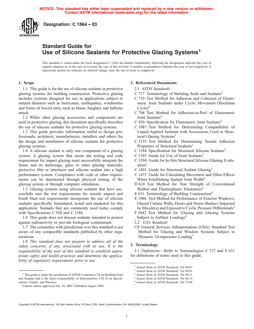 ASTM C1564-03 - Standard Guide for Use of Silicone Sealants for Protective Glazing Systems