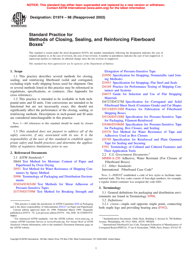 ASTM D1974-98(2003) - Standard Practice for Methods of Closing, Sealing, and Reinforcing Fiberboard Boxes