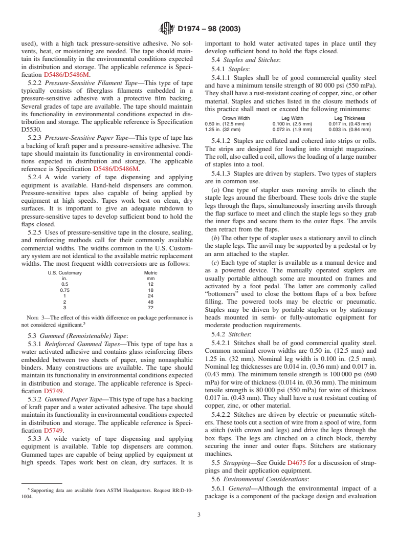 ASTM D1974-98(2003) - Standard Practice for Methods of Closing, Sealing, and Reinforcing Fiberboard Boxes