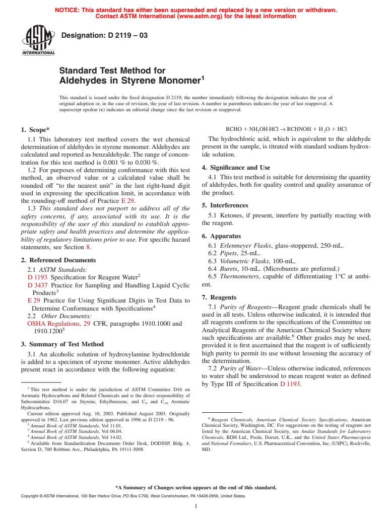 ASTM D2119-03 - Standard Test Method for Aldehydes in Styrene Monomer