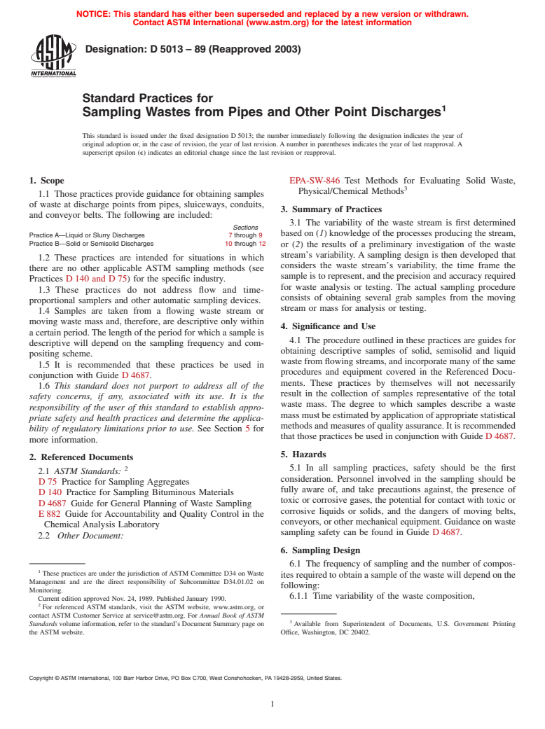 ASTM D5013-89(2003) - Standard Practices for Sampling Wastes from Pipes and Other Point Discharges