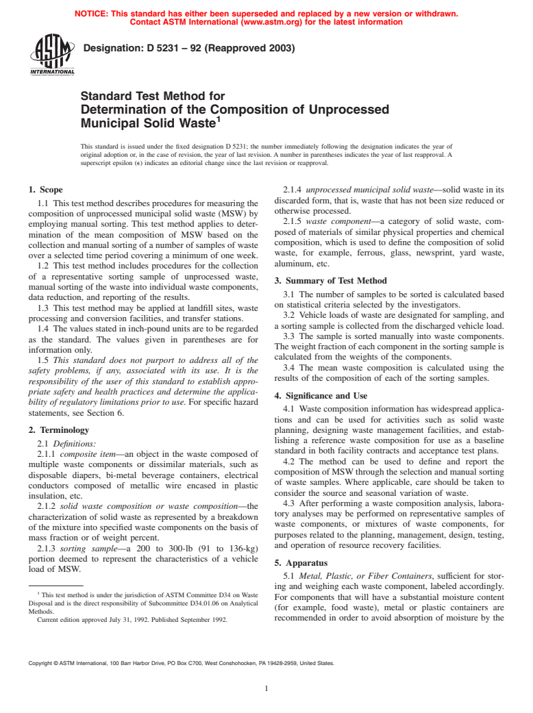 ASTM D5231-92(2003) - Standard Test Method for Determination of the Composition of Unprocessed Municipal Solid Waste