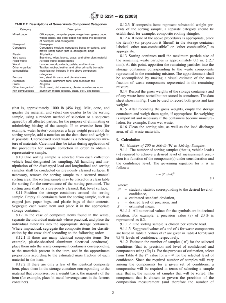 ASTM D5231-92(2003) - Standard Test Method for Determination of the Composition of Unprocessed Municipal Solid Waste