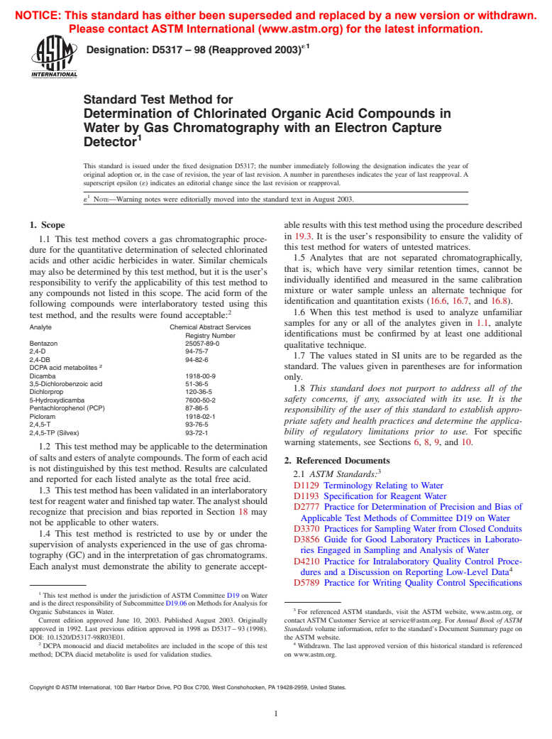 ASTM D5317-98(2003)e1 - Standard Test Method for Determination of Chlorinated Organic Acid Compounds in Water by Gas Chromatography with an Electron Capture Detector