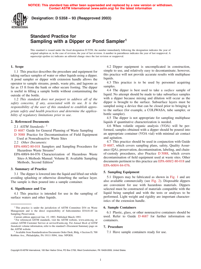 ASTM D5358-93(2003) - Standard Practice for Sampling with a Dipper or Pond Sampler