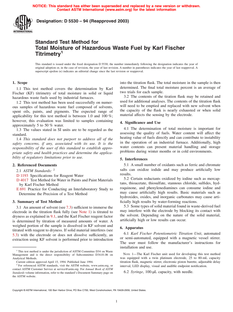 ASTM D5530-94(2003) - Standard Test Method for Total Moisture of Hazardous Waste Fuel by Karl Fischer Titrimetry