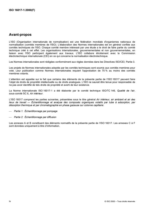 ISO 16017-1:2000 ISO 16017-1:2000 - Air intérieur, air ambiant et air des lieux de travail -- Échantillonnage et analyse des composés organiques volatils par tube a adsorption/désorption thermique/chromatographie en phase gazeuse sur capillaire - Page 4 preview