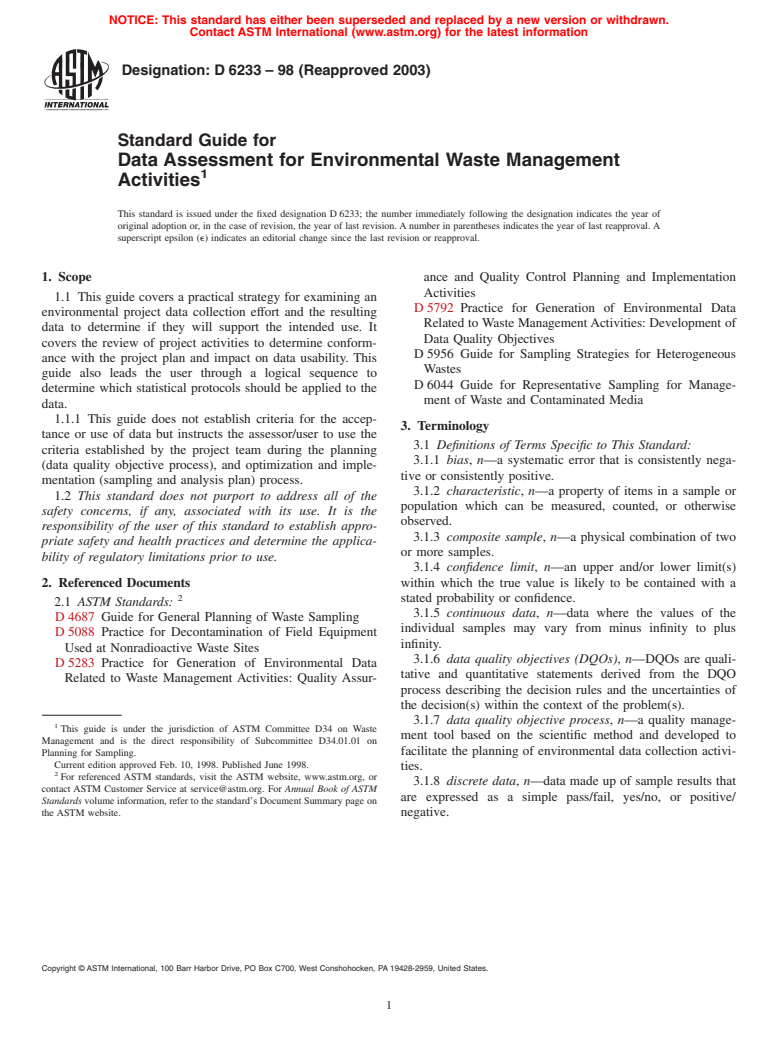 ASTM D6233-98(2003) - Standard Guide for Data Assessment for Environmental Waste Management Activities