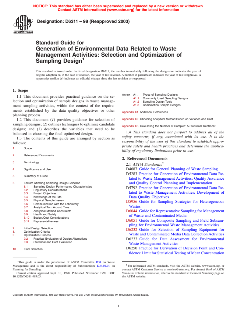 ASTM D6311-98(2003) - Standard Guide for Generation of Environmental Data Related to Waste Management Activities: Selection and Optimization of Sampling Design