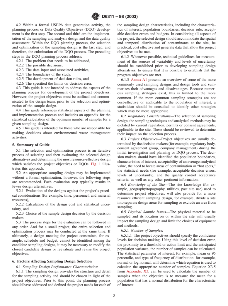 ASTM D6311-98(2003) - Standard Guide for Generation of Environmental Data Related to Waste Management Activities: Selection and Optimization of Sampling Design