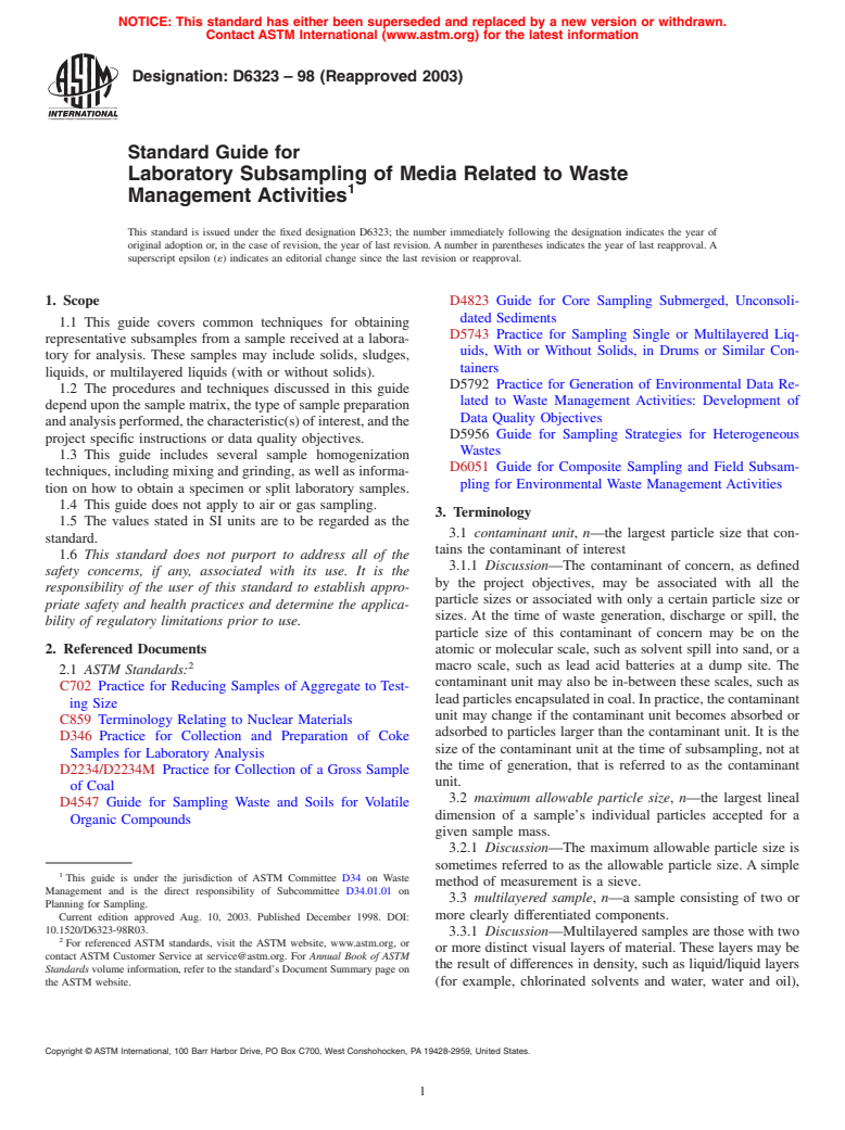 ASTM D6323-98(2003) - Standard Guide for Laboratory Subsampling of Media Related to Waste Management Activities (Withdrawn 2012)