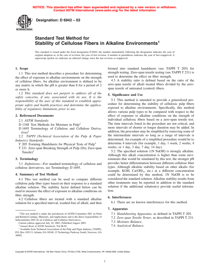 ASTM D6942-03 - Standard Test Method for Stability of Cellulose Fibers in Alkaline Environments