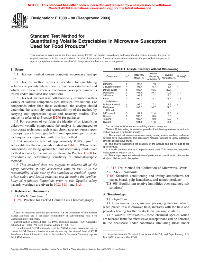 ASTM F1308-98(2003) - Standard Test Method for Quantitating Volatile Extractables in Microwave Susceptors Used for Food Products