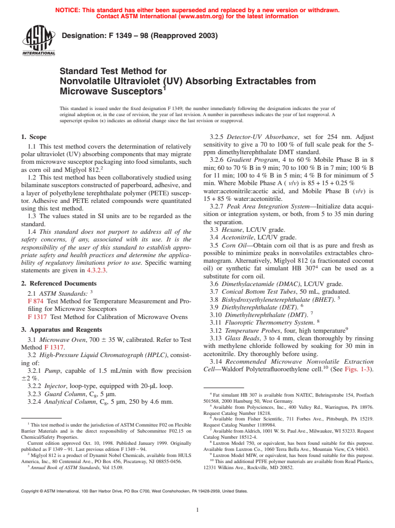 ASTM F1349-98(2003) - Standard Test Method for Nonvolatile Ultraviolet (UV) Absorbing Extractables from Microwave Susceptors