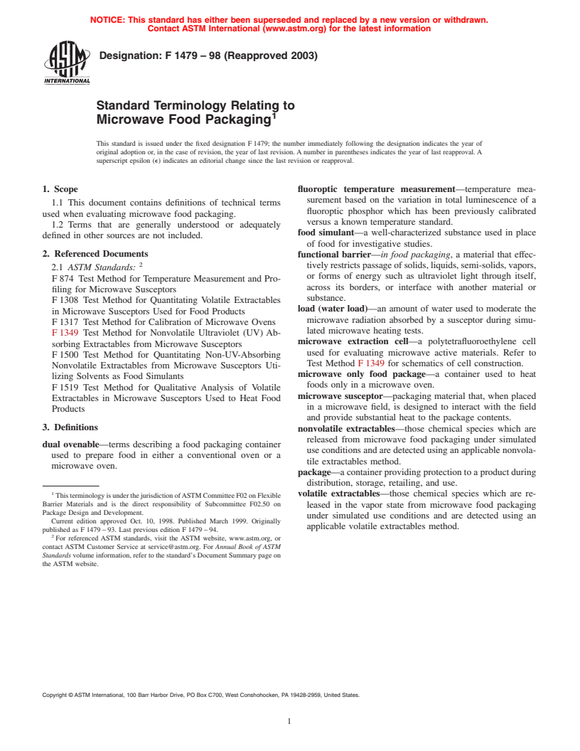 ASTM F1479-98(2003) - Standard Terminology Relating to Microwave Food Packaging (Withdrawn 2007)