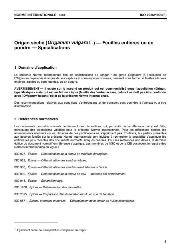 ISO 7925:1999 - Origan séché (Origanum vulgare L.) -- Feuilles entieres ou en poudre -- Spécifications