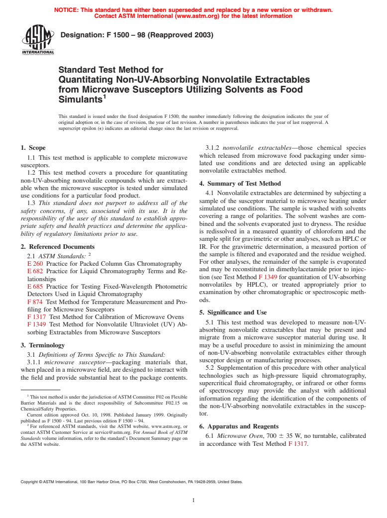 ASTM F1500-98(2003) - Standard Test Method for Quantitating Non-UV-Absorbing Nonvolatile Extractables from Microwave Susceptors Utilizing Solvents as Food Simulants