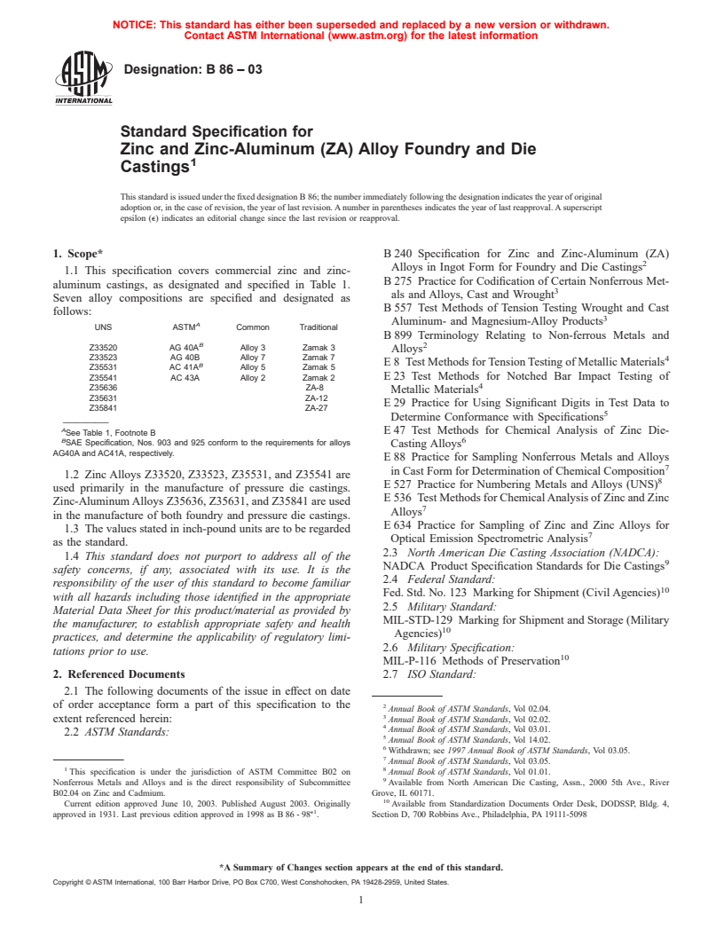 ASTM B86-03 - Standard Specification for Zinc and Zinc-Aluminum (ZA) Alloy Foundry and Die Castings