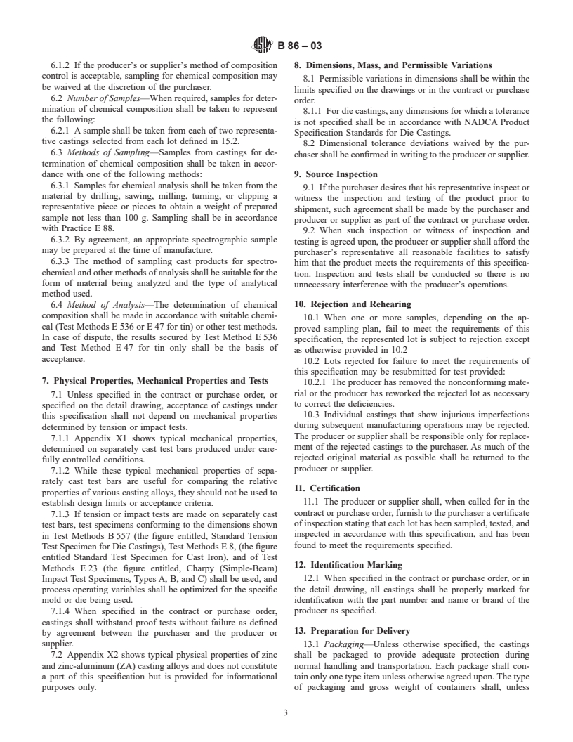 ASTM B86-03 - Standard Specification for Zinc and Zinc-Aluminum (ZA) Alloy Foundry and Die Castings