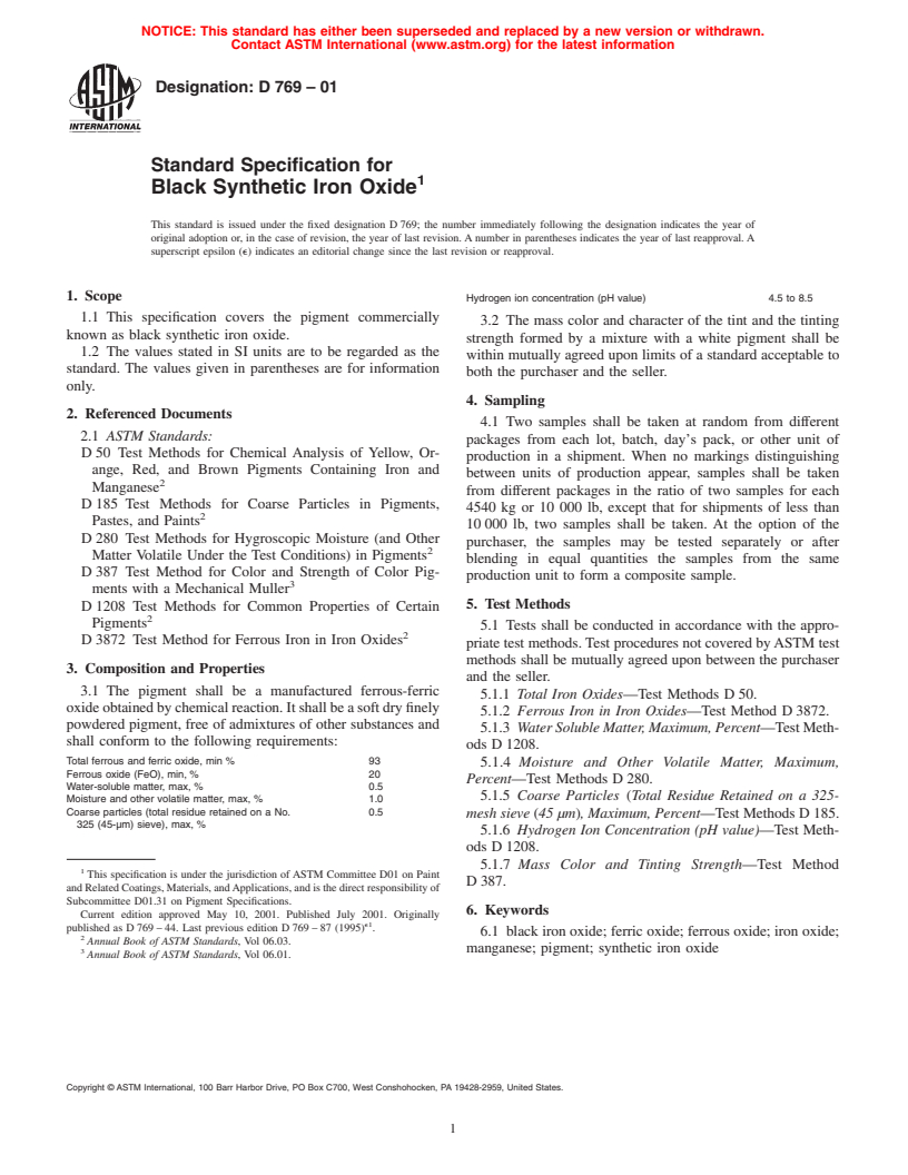 ASTM D769-01 - Standard Specification for Black Synthetic Iron Oxide