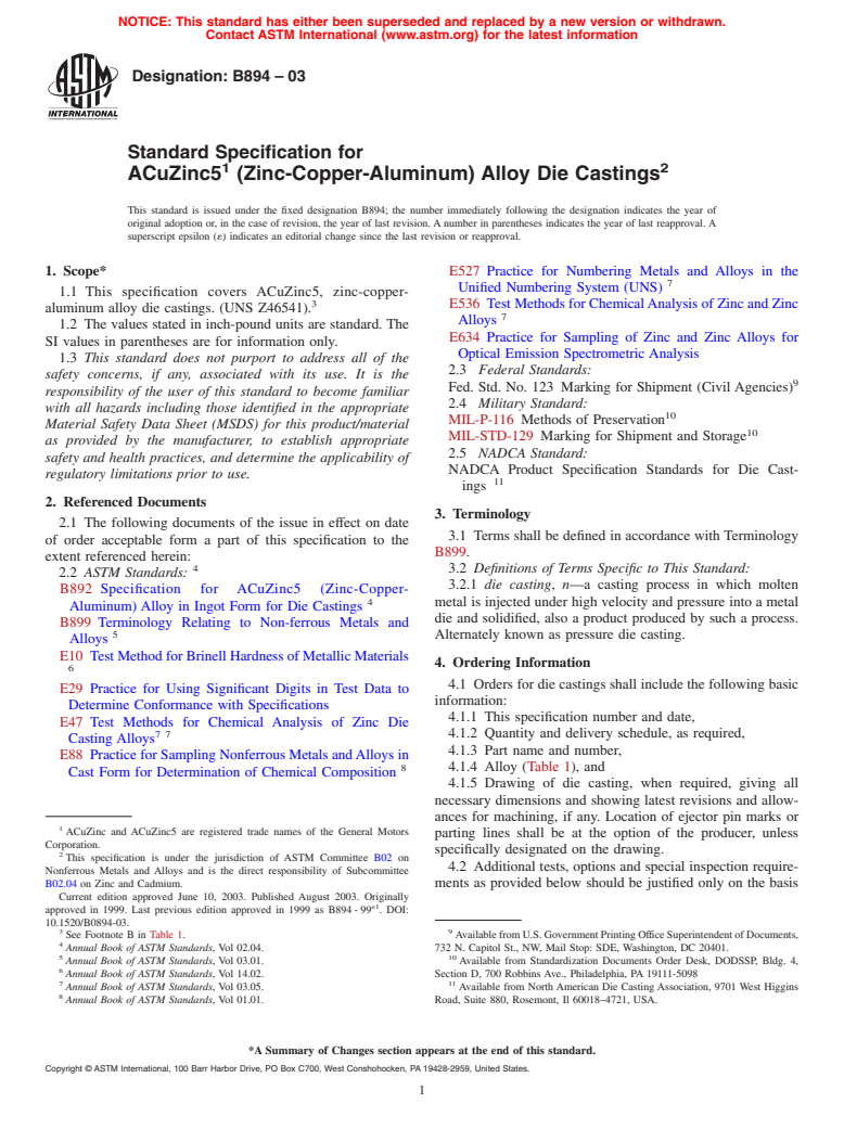 ASTM B894-03 - Standard Specification for ACuZinc5 (Zinc-Copper-Aluminum) Alloy Die Castings