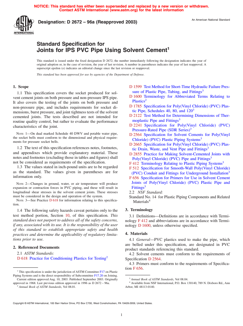 ASTM D2672-96a(2003) - Standard Specification for Joints for IPS PVC Pipe Using Solvent Cement