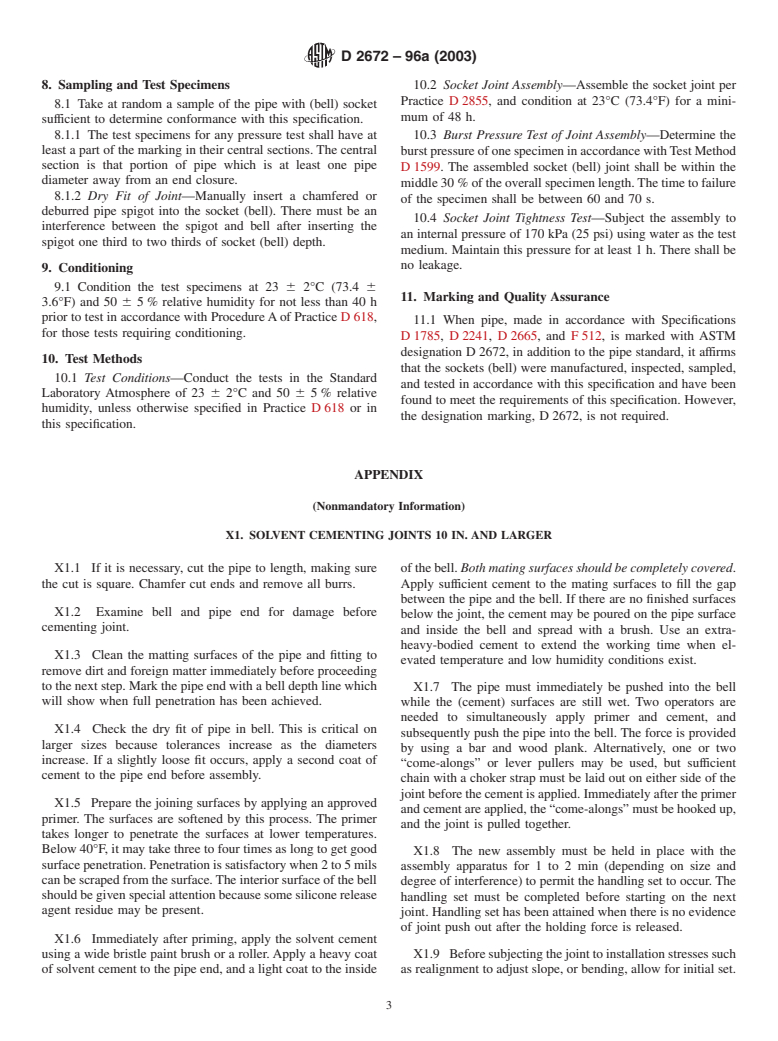 ASTM D2672-96a(2003) - Standard Specification for Joints for IPS PVC Pipe Using Solvent Cement