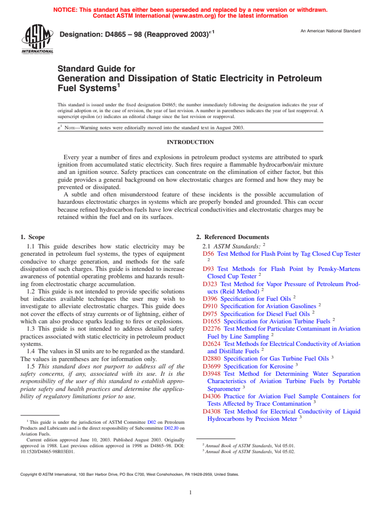 ASTM D4865-98(2003)e1 - Standard Guide for Generation and Dissipation of Static Electricity in Petroleum Fuel Systems