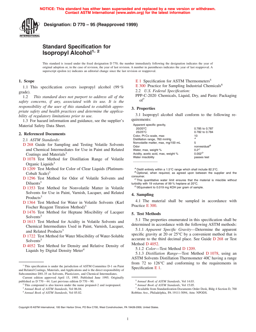 ASTM D770-95(1999) - Standard Specification for Isopropyl Alcohol