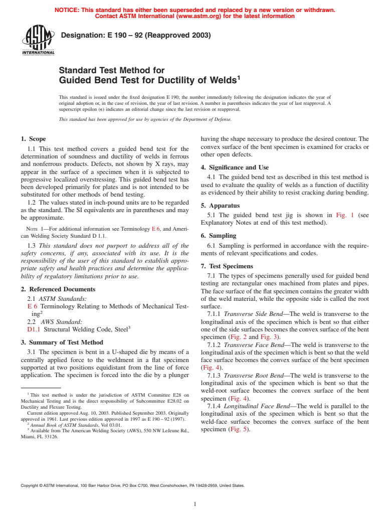 ASTM E190-92(2003) - Standard Test Method for Guided Bend Test for Ductility of Welds