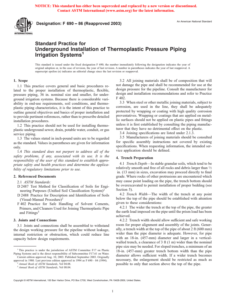 ASTM F690-86(2003) - Standard Practice for Underground Installation of Thermoplastic Pressure Piping Irrigation Systems