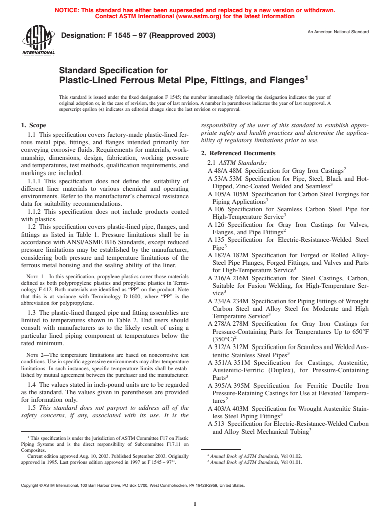 ASTM F1545-97(2003) - Standard Specification for Plastic-Lined Ferrous Metal Pipe, Fittings, and Flanges