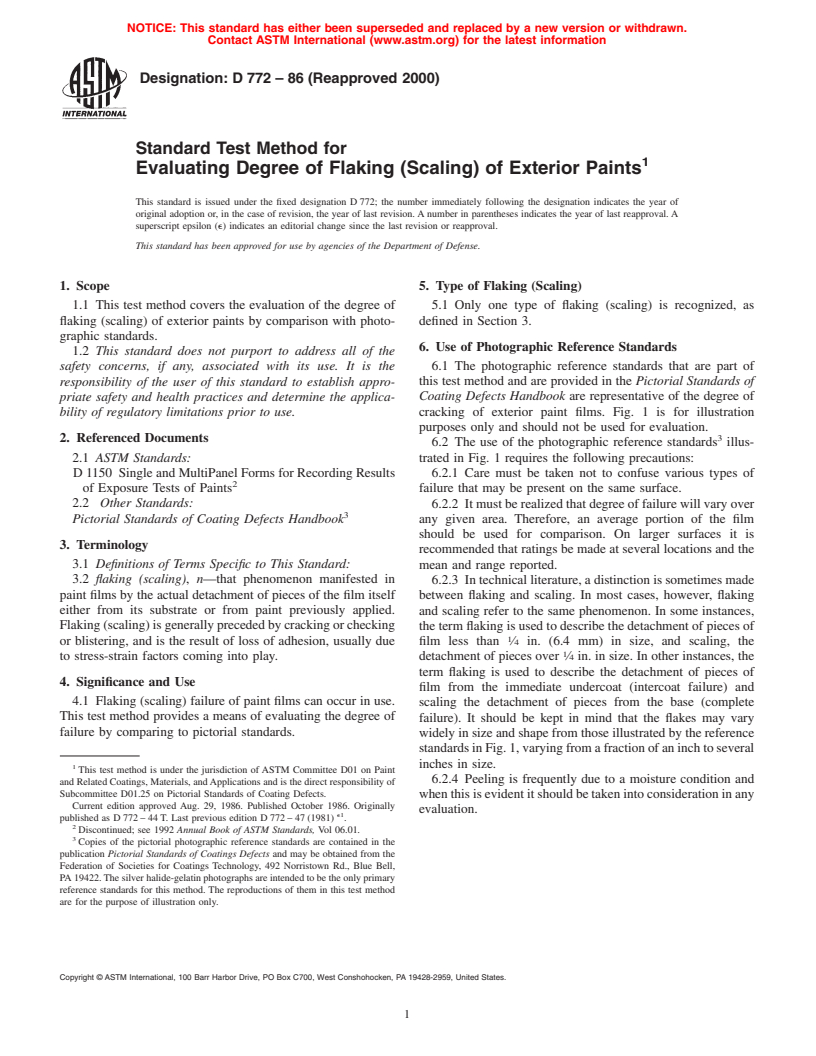 ASTM D772-86(2000) - Standard Test Method for Evaluating Degree of Flaking (Scaling) of Exterior Paints