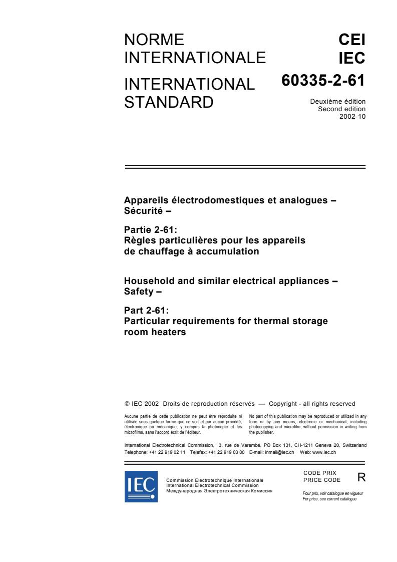 IEC 60335-2-61:2002 - Household and similar electrical appliances - Safety - Part 2-61: Particular requirements for thermal storage room heaters