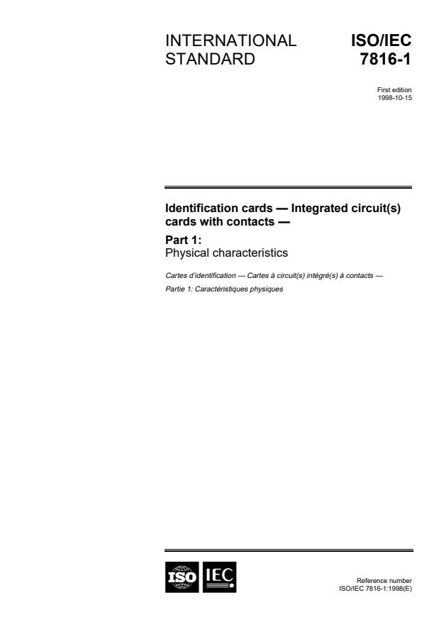 ISO/IEC 7816-1:1998 - Identification cards -- Integrated circuit(s) cards with contacts