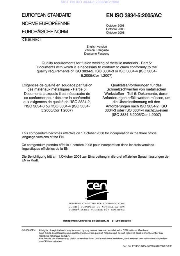 SIST EN ISO 3834-5:2006/AC:2008 (EN) - ICS ni popravljen na naslovnici