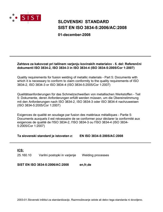 SIST EN ISO 3834-5:2006/AC:2008 (DE) - ICS ni popravljen na naslovnici