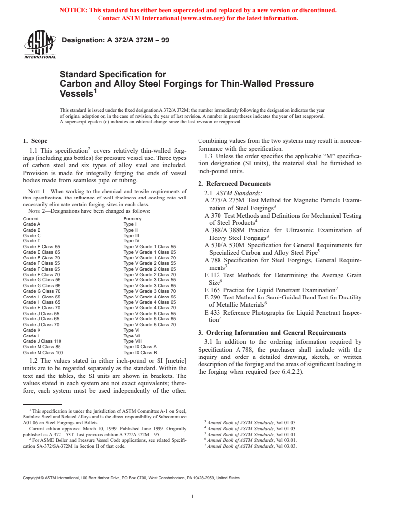 ASTM A372/A372M-99 - Standard Specification for Carbon and Alloy Steel Forgings for Thin-Walled Pressure Vessels