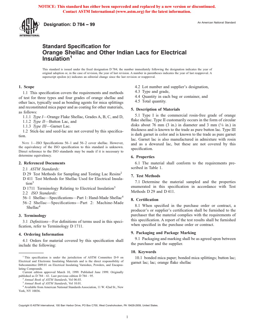 ASTM D784-99 - Standard Specification for Orange Shellac and Other Indian Lacs for Electrical Insulation