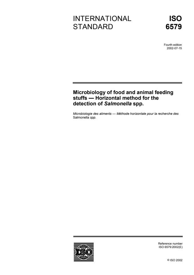 ISO 6579:2002 - Microbiology of food and animal feeding stuffs -- Horizontal method for the detection of Salmonella spp.