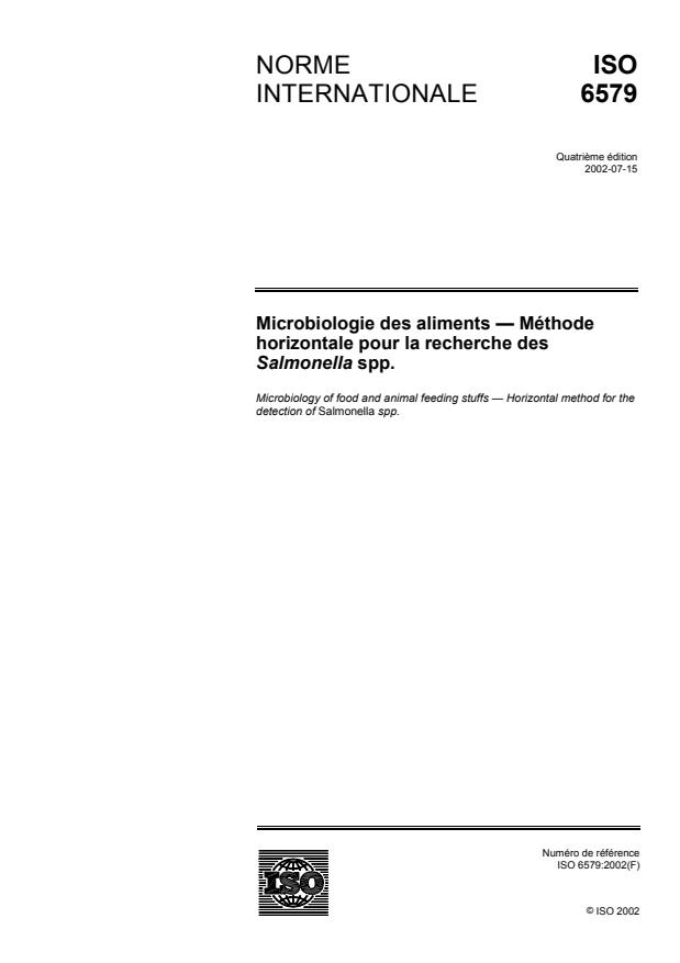 ISO 6579:2002 - Microbiologie des aliments -- Méthode horizontale pour la recherche des Salmonella spp.