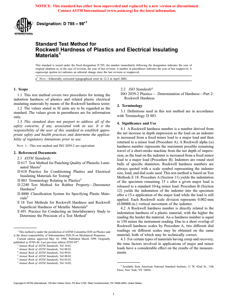 ASTM D785-98e1 - Standard Test Method for Rockwell Hardness of Plastics and Electrical Insulating Materials