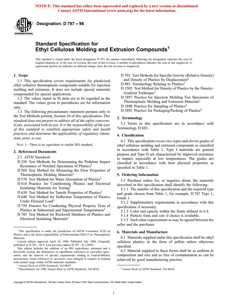 ASTM D787-96 - Standard Specification for Ethyl Cellulose Molding and Extrusion Compounds