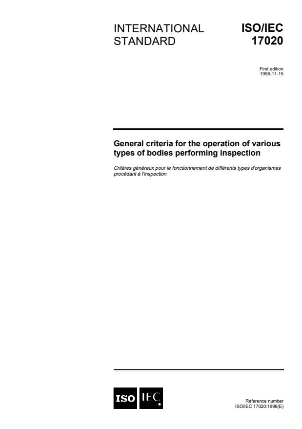 ISO/IEC 17020:1998 - General criteria for the operation of various types of bodies performing inspection