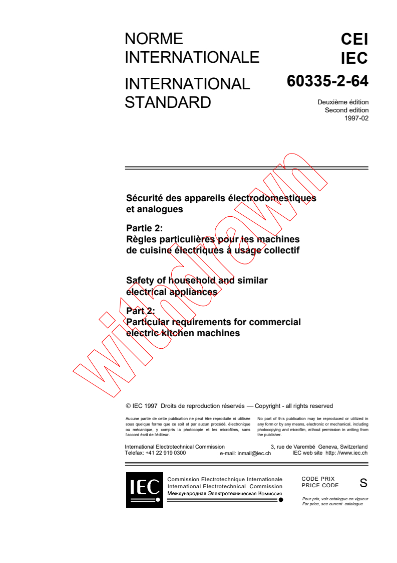 IEC 60335-2-64:1997 - Safety of household and similar electrical appliances - Part 2: Particular requirements for commercial electric kitchen machines
Released:2/7/1997
Isbn:2831837081