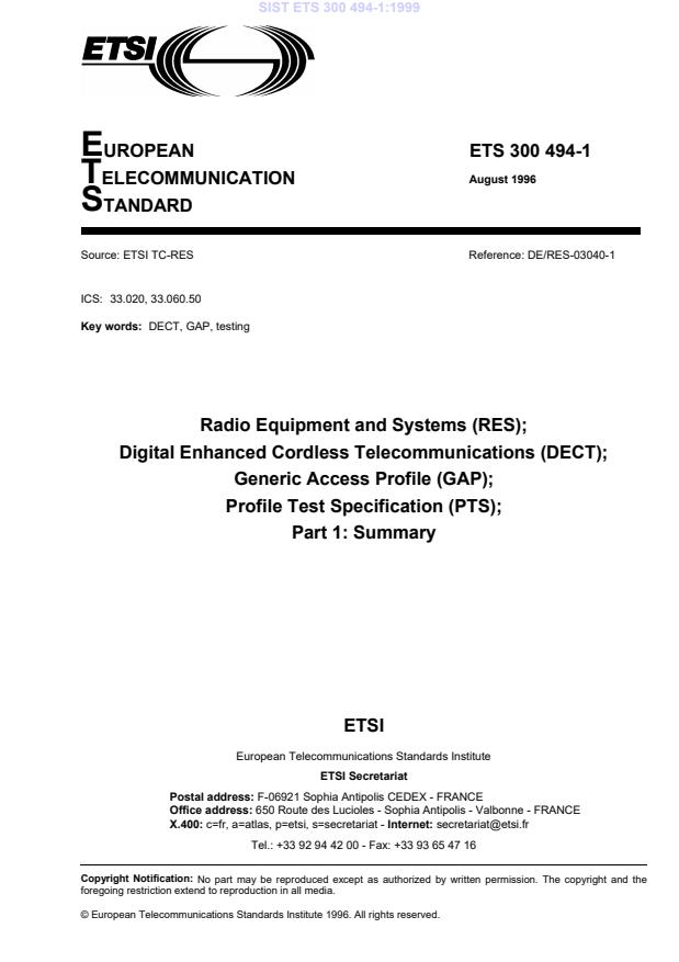 ETS 300 494-1:1999