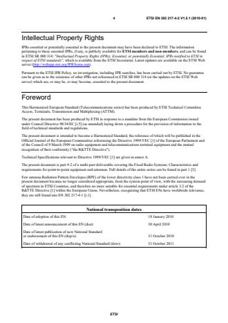 SIST EN 302 217-4-2 V1.5.1:2010 ETSI EN 302 217-4-2 V1.5.1 (2010-01) - Fixed Radio Systems; Characteristics and requirements for point-to-point equipment and antennas; Part 4-2: Antennas; Harmonized EN covering the essential requirements of article 3.2 of the R&TTE Directive - Page 4 preview