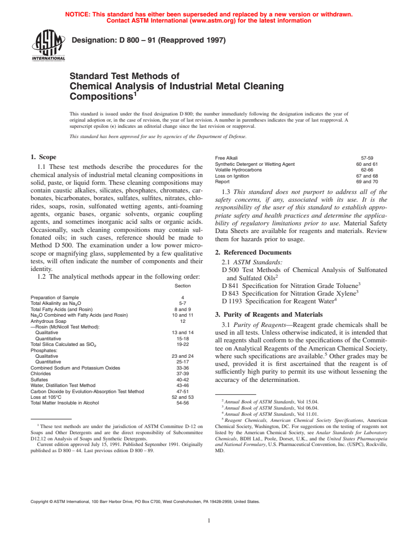 ASTM D800-91(1997) - Standard Test Methods of Chemical Analysis of Industrial Metal Cleaning Compositions