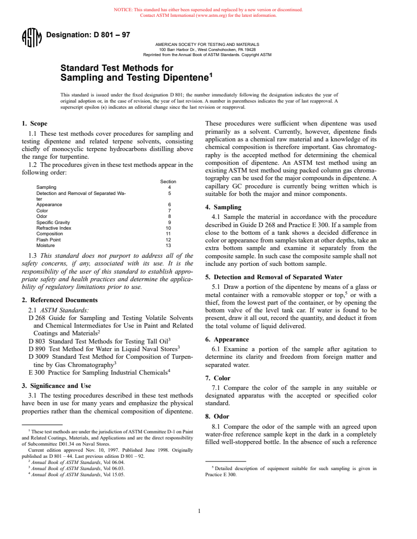 ASTM D801-97 - Standard Test Methods for Sampling and Testing Dipentene